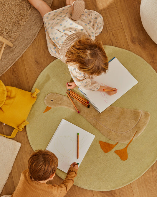 Milo green 100% cotton rug with goose print, Ø 100 cm