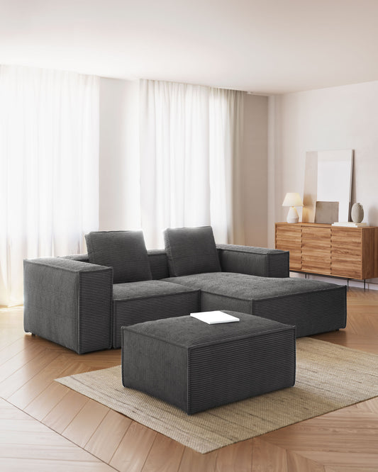 Two-seater block sofa with right side chaise lounge in gray wide corduroy, 240 cm FSC Mix Credit