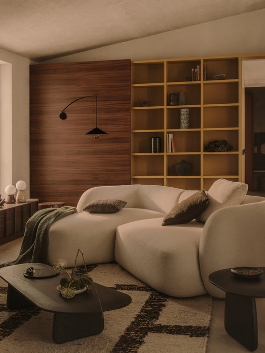 Modular three-seater sofa Martina in ecru chenille with chaise longue for the left 287 cm