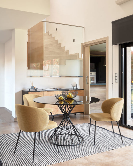 Niut round glass table with solid steel legs with black finish Ø 120 cm