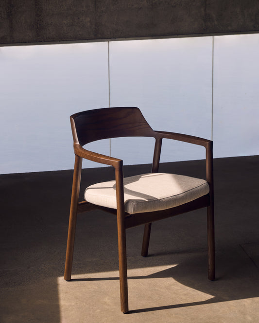 Alocs removable chair in beige chenille solid oak walnut FSC Mix Credit