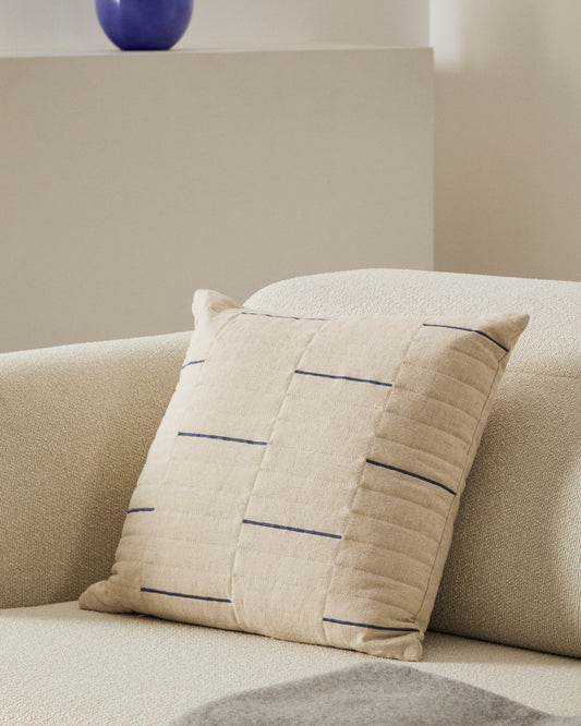 Blaine cushion cover in white linen with blue embroidery, 45 x 45 cm
