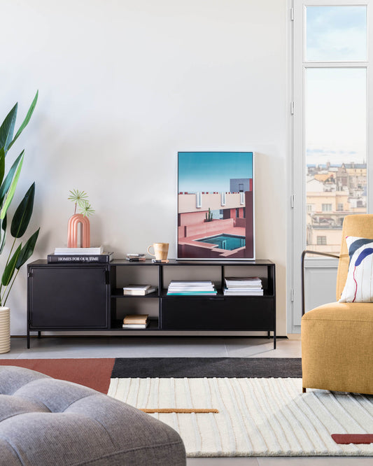 Shantay metal TV stand in painted black color with 1 door and fYok, 150 x 50 cm