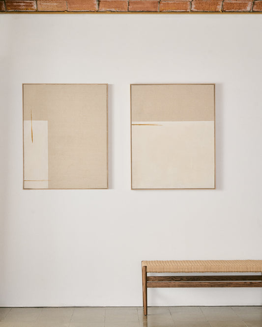 Salin apstraktna slika sa vertikalnom bež platnenom trakom 80 x 100 cm