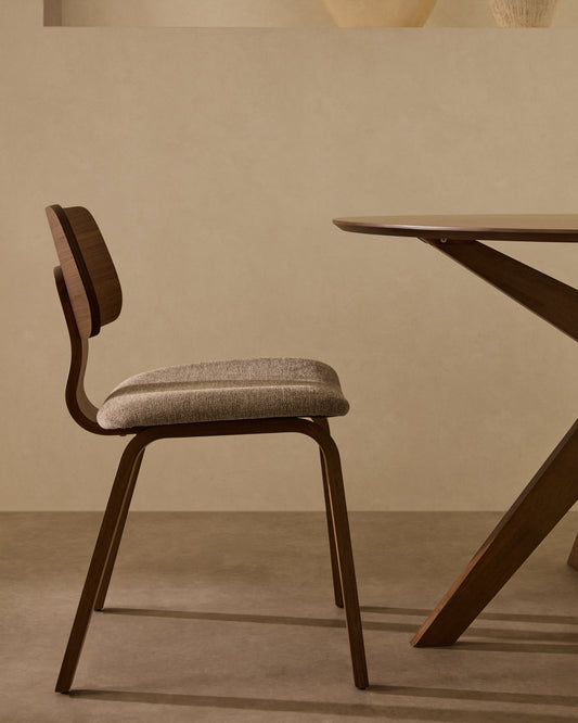 Gena chair in beige chenille with walnut veneer and gumwood frame