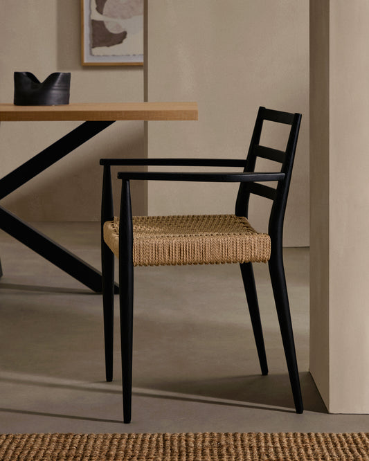 Analy chair with armrests in solid oak wood with black finish and rope seat FSC Mix Credit