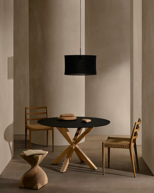 Argo round table made of matte black glass and steel legs with wood effect, Ø 120 cm