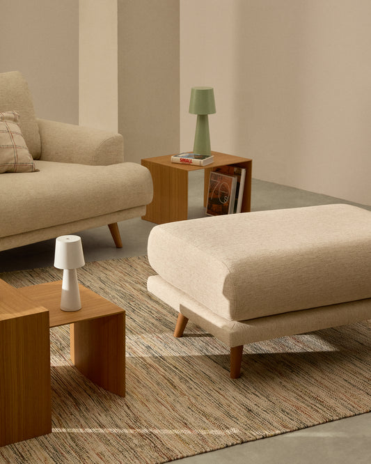 Karin footstool in beige chenille with legs in solid beech wood with a natural finish 90 x 70 cm