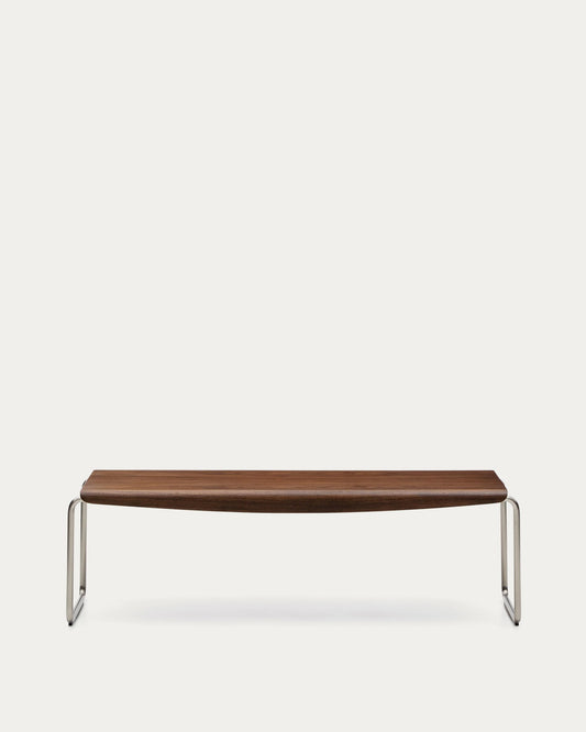 Tarsel bench in walnut veneer with brushed stainless steel legs 142 cm
