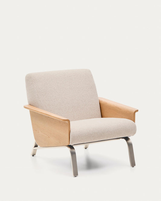 Amsen beige armchair in oak plywood with brushed stainless steel legs