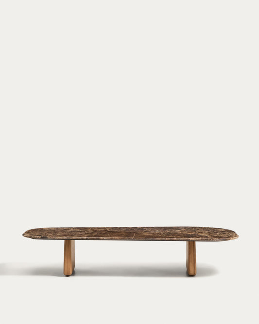 Sto za kafu Pirita od braon mermera i nogara od masivnog hrastovog drveta, prirodna završna obrada 147 x 65 cm FSC 100%