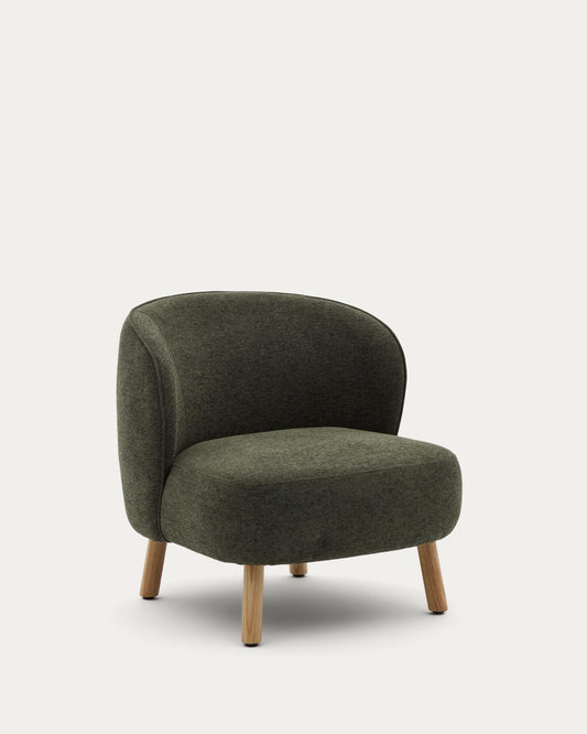 Molded armchair in green chenille with solid beech wood legs in a natural finish