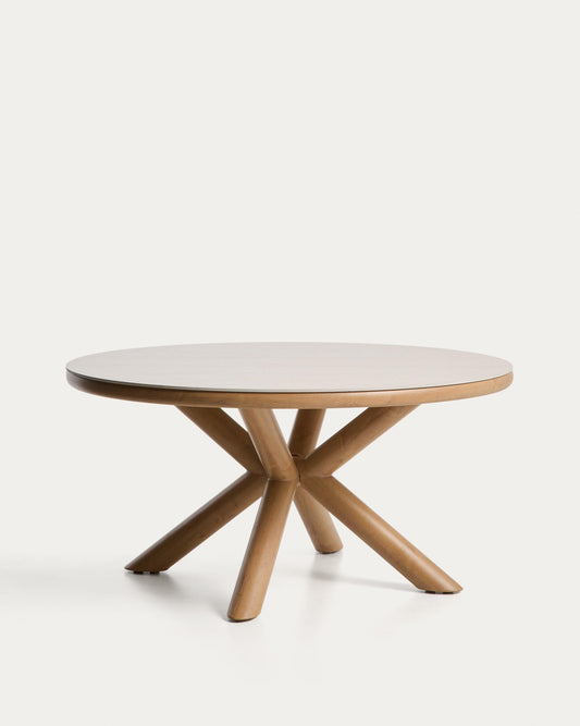 Mirtia outdoor table made of aluminum with the effect of wood and sintered stone in natural (crudo) color Ø 148 cm