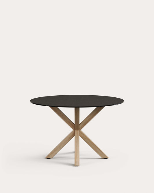 Argo round table made of matte black glass and steel legs with wood effect, Ø 120 cm