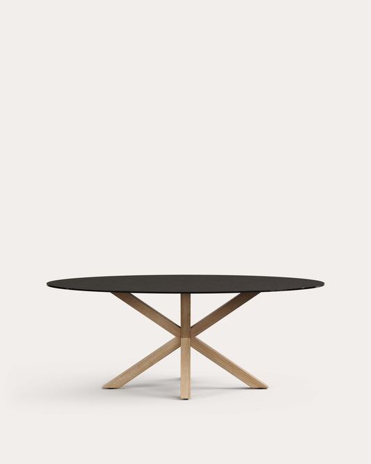 Argo oval table in matt black glass and steel legs with wood effect Ø 200 x 100 cm