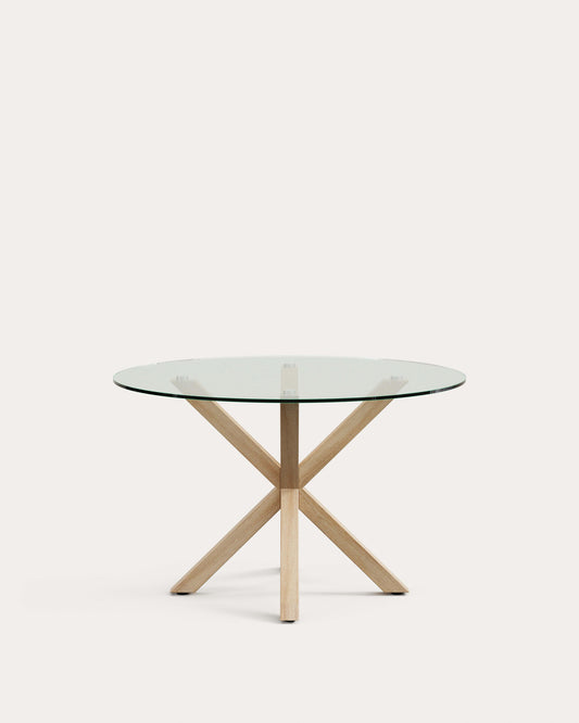 Argo round glass table with steel legs with wood effect Ø 119 cm