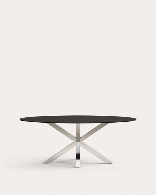 Argo oval table made of matte black glass and steel legs Ø 200 x 100 cm