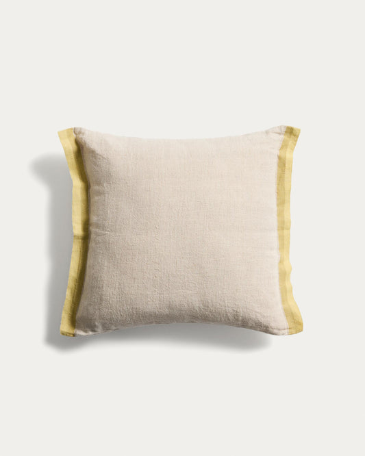Disea linen cushion cover, beige with yellow detail, 45 x 45 cm