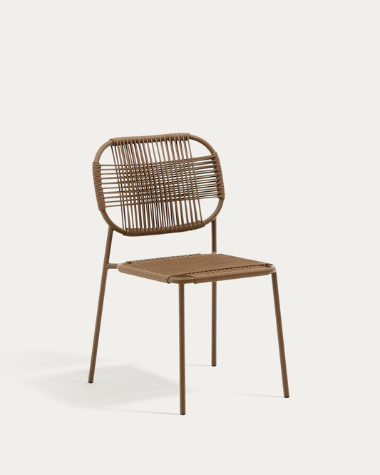 Talaier stackable outdoor chair in synthetic rope and galvanised steel with brown finish