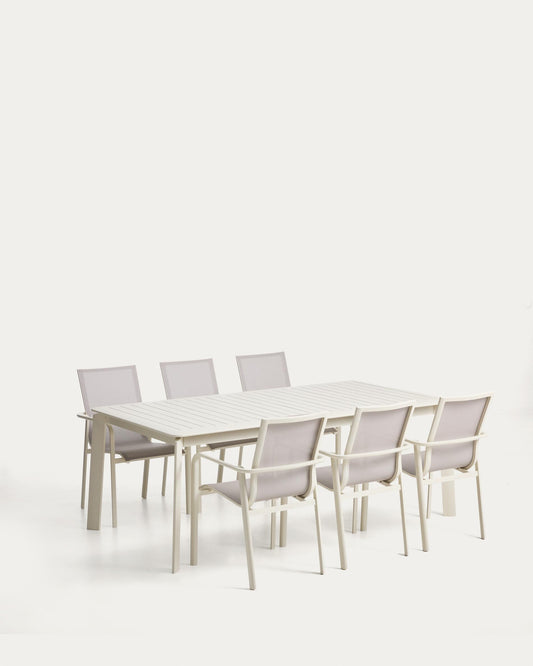 Set with Brela extendable table in ecru aluminium and 6 stackable Canea chairs in ecru aluminium and beige texteline 205(287)x100 cm
