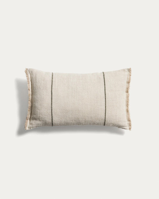Lidore linen cushion cover, beige with contrasting green stripes, 30 x 50 cm