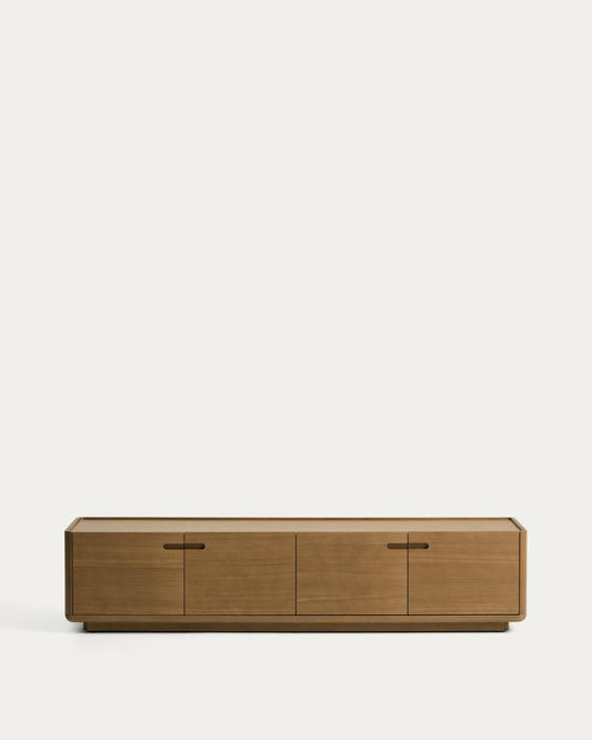 TV cabinet Arelida in veneer and solid oak wood, light brown finish, 200 x 44 cm