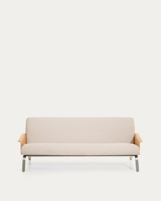 Amsen beige chenille three-seat sofa made of oak plywood with brushed stainless steel legs 205cm