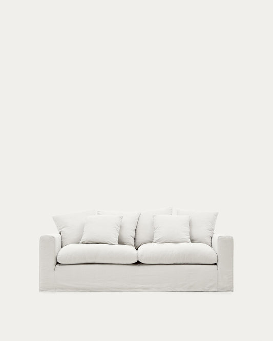 Nora sofa with cover and ecru linen and cotton cushions 240 cm