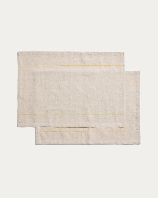 Ulaen set of 2 single tables in cotton and linen, beige with yellow stripes, 35 x 50 cm
