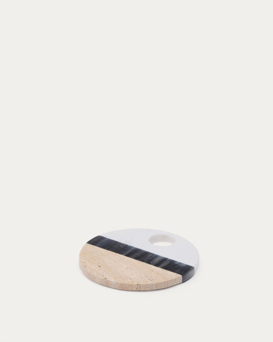 Nivol round serving board made of black and white marble and travertine