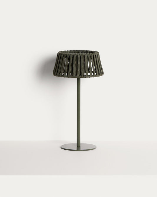Solar table lamp Aldet for outdoor spaces made of flat rope with metal base, color green