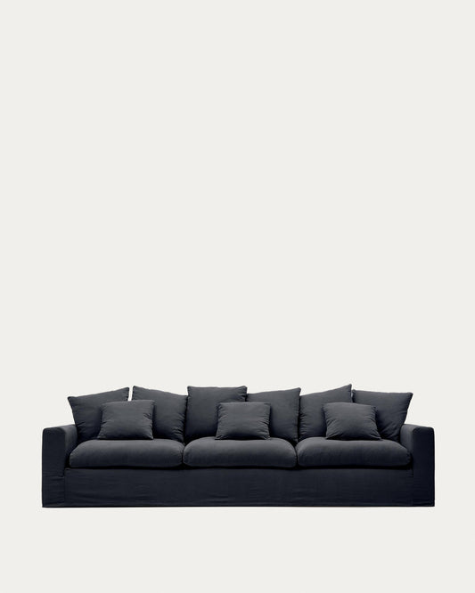 Nora 4-seater sofa with removable cover and anthracite gray fabric and cotton cushions 340 cm