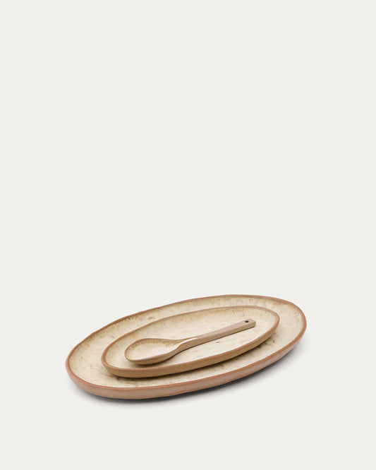 Zunel set of 2 beige ceramic plates and 1 spoon