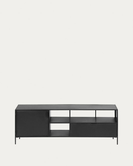 Shantay metal TV stand in painted black color with 1 door and fYok, 150 x 50 cm