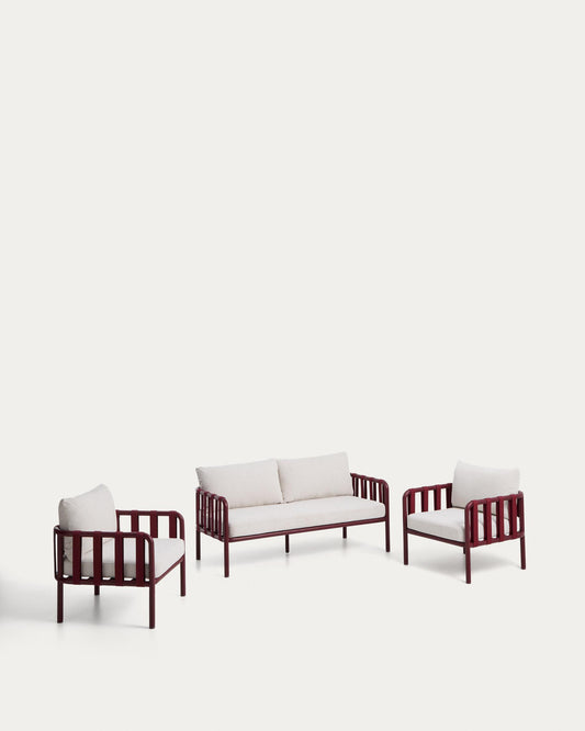 Omala set: two-seater and 2 armchairs made of rope and aluminum in burgundy color