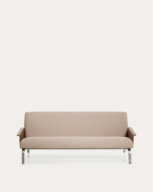 Amsen light brown 3-seat walnut plywood sofa with brushed stainless steel legs 205cm
