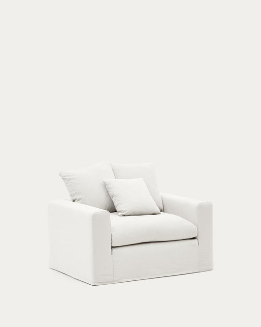 Nora armchair with removable cover and ecru linen and cotton cushion 140 cm