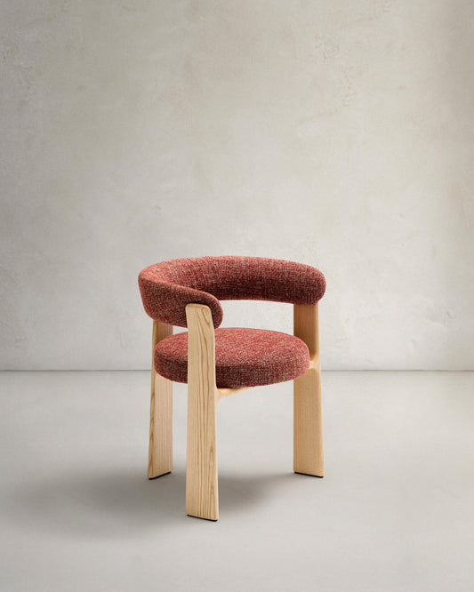 Granite chair with 3 legs terracotta chenille and solid ash wood in natural finish FSC 100%