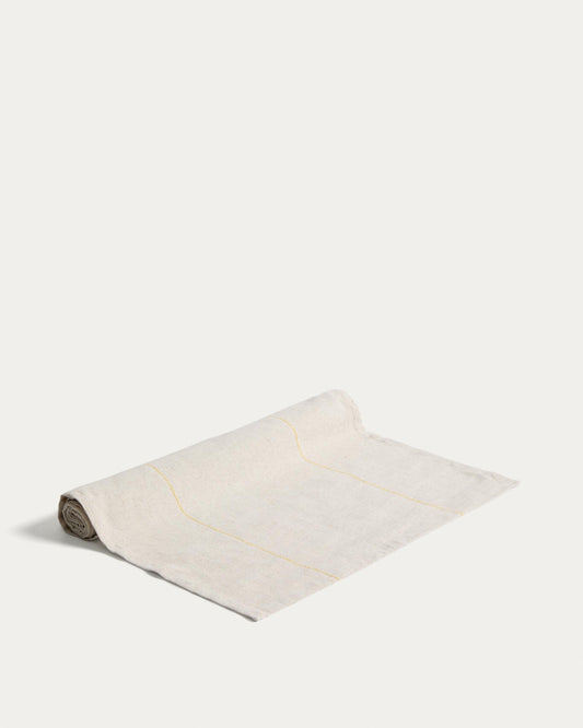 Ulaen table runner made of cotton and linen, beige with yellow stripes, 50 x 150 cm