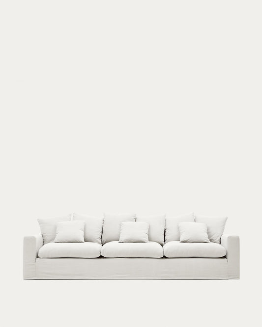 Nora sofa with 4 seats with cover and ecru linen and cotton cushions 340 cm
