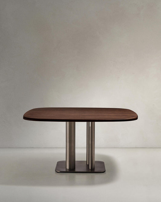 Melvar table in walnut veneer with brushed stainless steel legs 150 x 150cm