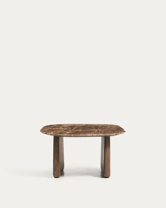 Pomoćni sto Pirita od braon mermera i nogara od masivnog hrastovog drveta, tamna završna obrada 71 x 70 cm FSC 100%