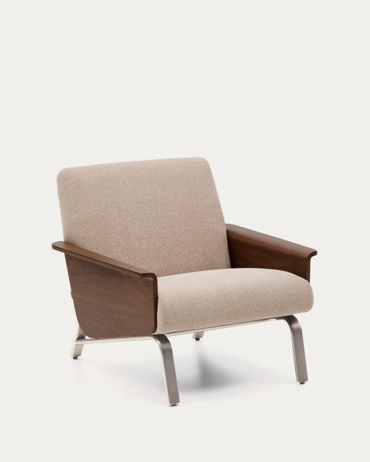 Amsen light brown walnut plywood armchair with brushed stainless steel legs