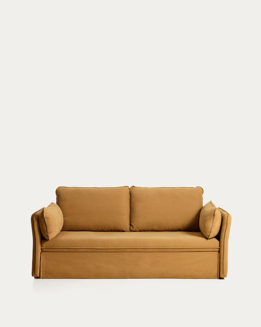 Tanit sofa bed in mustard with natural finish solid beech wood legs, 210 cm FSC Mix Credit