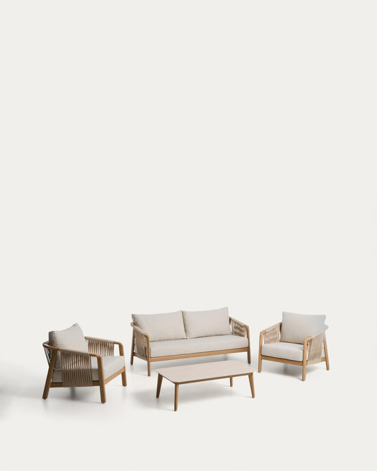Sirte outdoor set: three-seater, two armchairs and a table made of aluminum with a wood-effect finish and cushions in natural (crudo) color