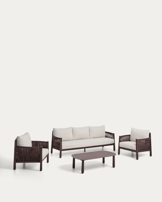 Aleria set: three-seater, 2 armchairs and a coffee table made of aluminum and synthetic rope, brown