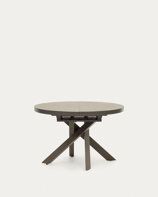 Vashti round extendable table, porcelain and steel legs with brown finish, Ø 120(160) cm