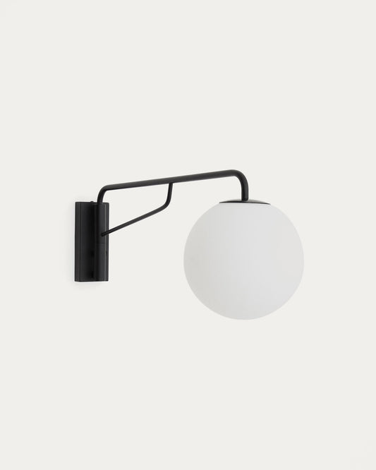 Eilo wall lamp made of black steel with a frosted glass ball