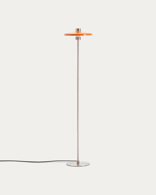 Nuvira floor lamp in light gray brushed metal base with orange lampshade