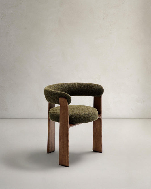 Granite chair with 3 legs in green chenille and solid ash wood in walnut finish FSC 100%
